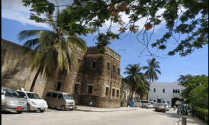 Historic Old Fort in Stone Town, Zanzibar, surrounded by palm trees and colonial architecture under a sunny blue sky. Zanzibar travel guide